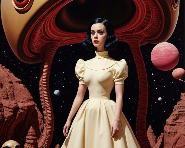 Whimsical Scene of Woman in Vintage Dress with Aliens