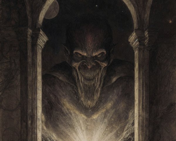 Dark Figure in Archway with Ominous Atmosphere