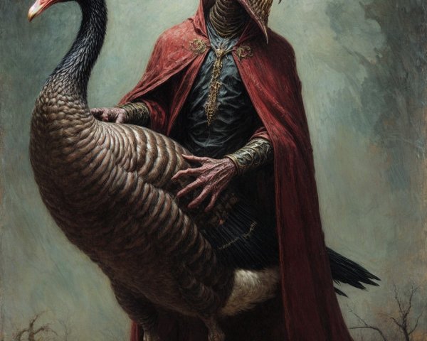 Surreal Artwork of Sinister Figure and Ominous Turkey