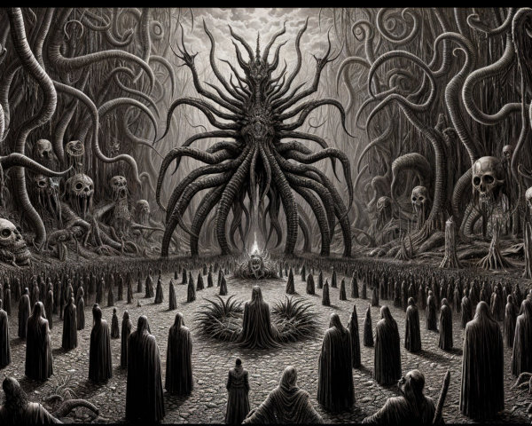 Eerie Scene of a Monstrous Entity in a Twisted Forest