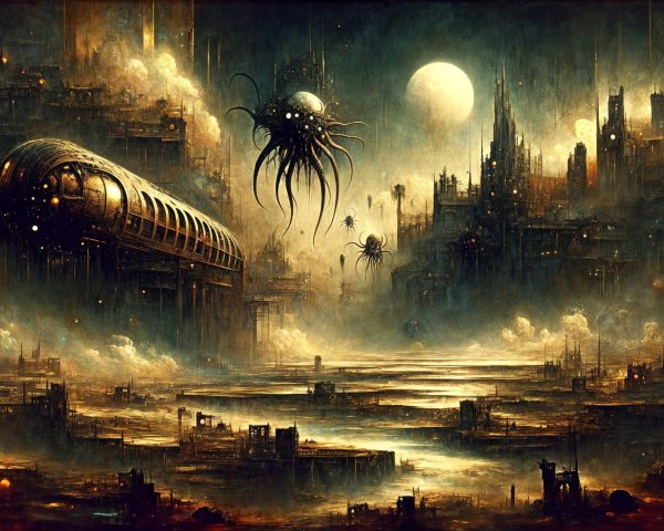 Dystopian Train in Foggy City with Ethereal Creatures