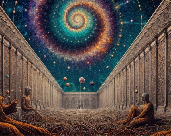 Surreal Corridor with Cosmic Figures and Galaxy Illumination