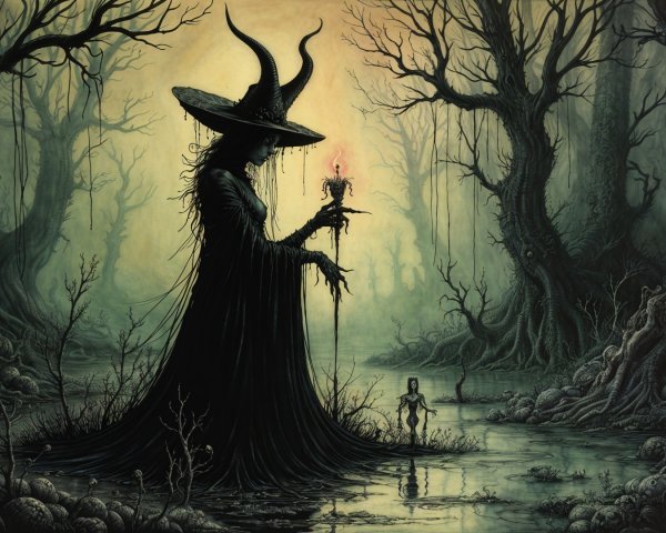 Mysterious Figure in Dark Forest by Shadowy Pond