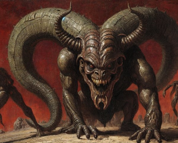 Grotesque Creature in Ominous Barren Landscape