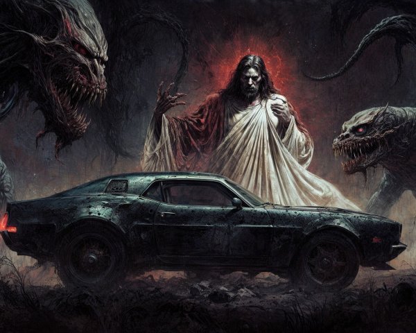 Vintage Muscle Car Amid Ominous Monstrous Figures
