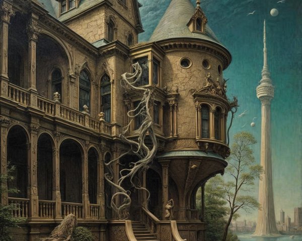 Gothic Mansion with Turrets and Modern Tower Background