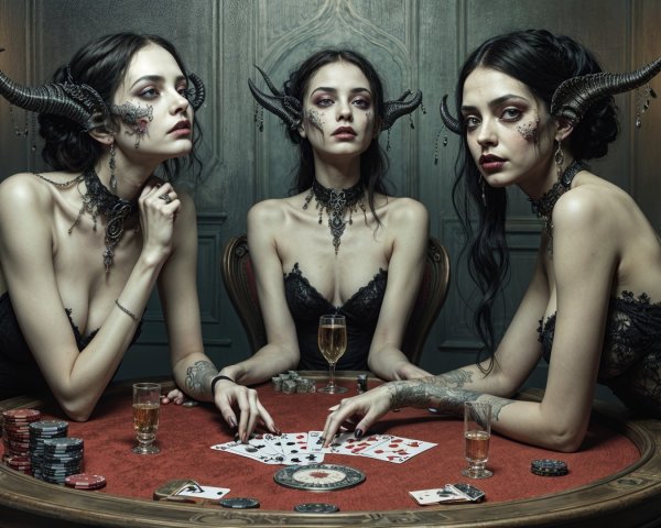 Gothic Aesthetic Women Playing Cards at Round Table