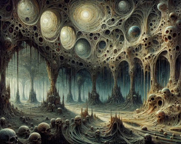 Surreal Landscape with Organic Formations and Skulls
