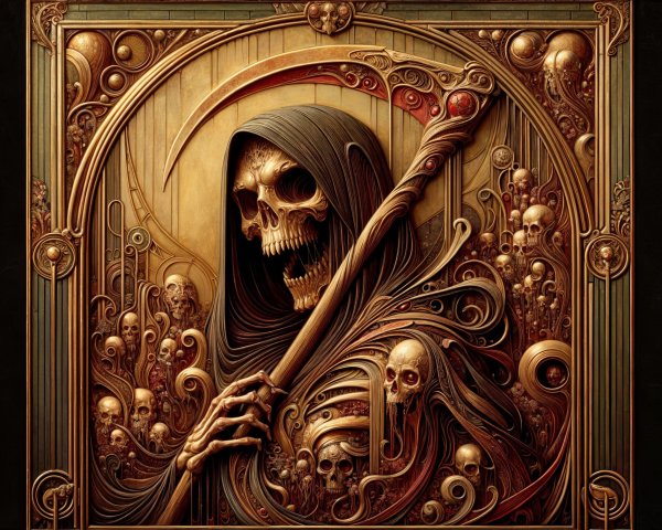 Skeletal Figure in Dark Robes with Skulls and Patterns