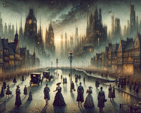 Foggy Victorian Era Cityscape with Gothic Architecture