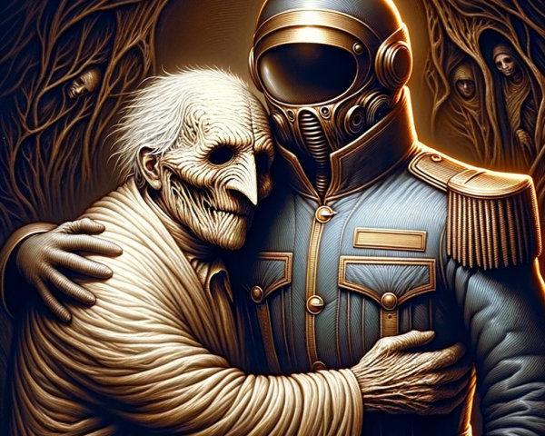 Surreal scene of elderly figure and futuristic soldier