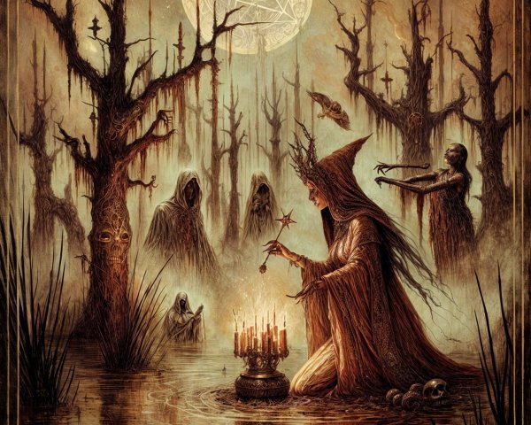 Cloaked Figure at Misty Swamp with Eerie Atmosphere