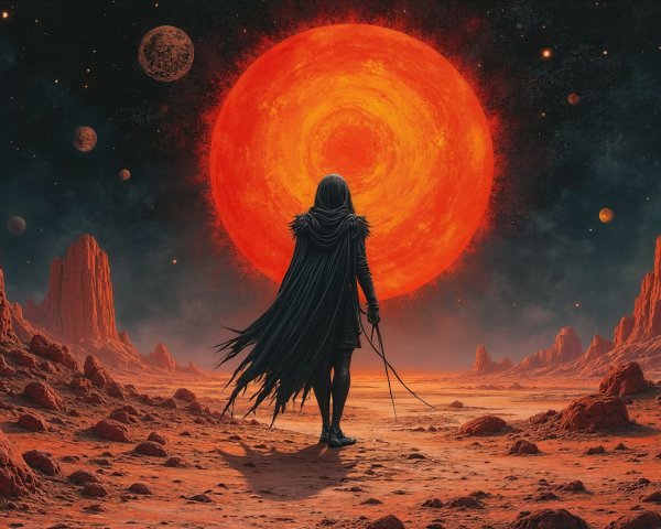 Individual in Black Coat in Extraterrestrial Desert Scene