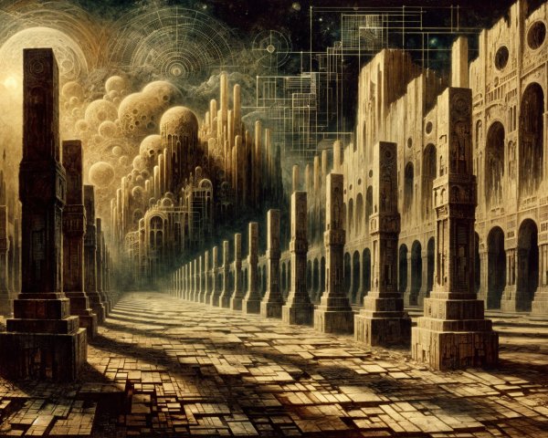 Surreal Architectural Landscape with Stone Pillars and Orbs