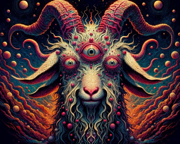 Surreal Goat with Multiple Horns and Third Eye