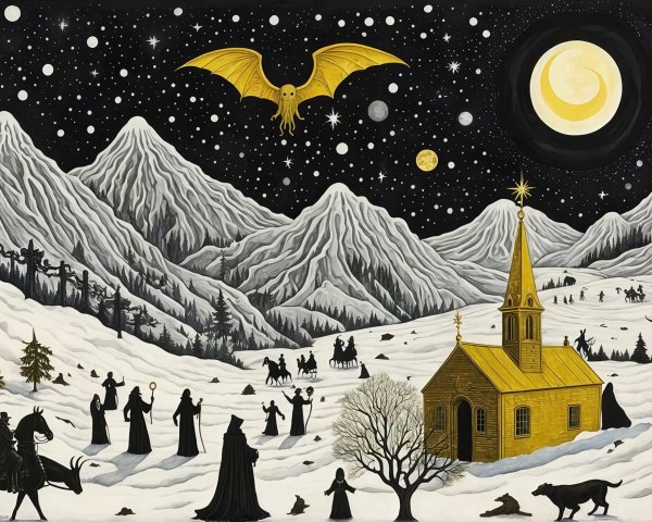 Surreal Winter Mountain Landscape with Celestial Elements