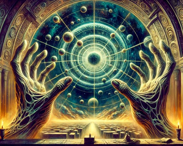 Enormous Hands Cradling a Cosmic Swirl in Misty Labyrinth
