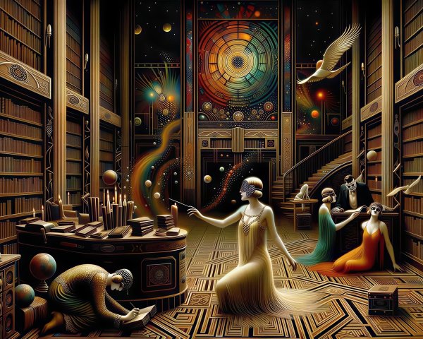 Art Deco Library Scene with Magic and Floating Orbs