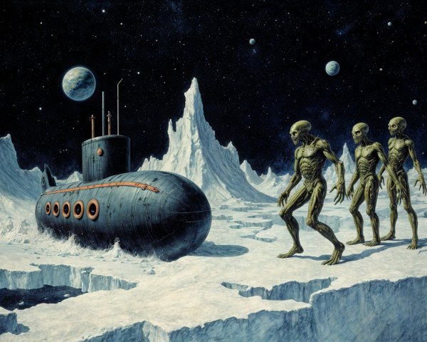Surreal Icy Landscape with Submarine and Alien Beings