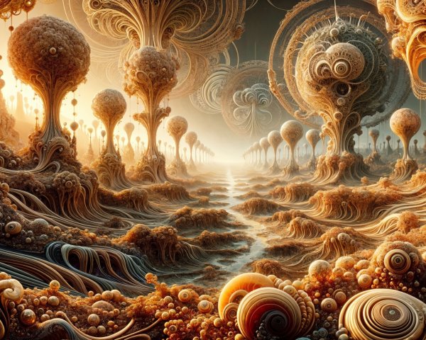 Surreal Landscape with Spiral Trees in Warm Hues
