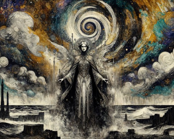 Mystical Figure on Turbulent Ocean with Cosmic Patterns