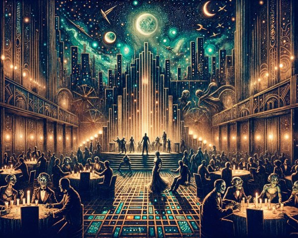 Opulent hall with cosmic imagery and elegant figures