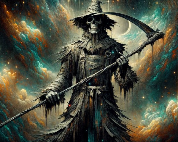 Skeletal Figure with Scythe Against Cosmic Background