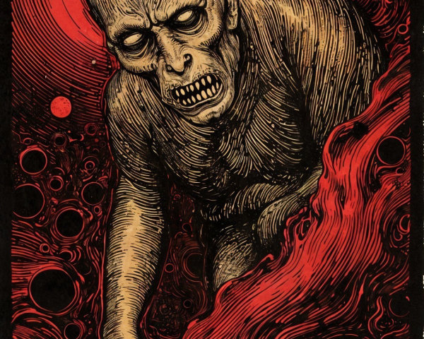 Haunting Figure in Abyss with Blood-Red Sun Background