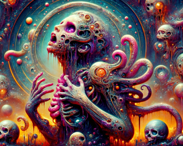 Surreal Scene with Ethereal Figure and Floating Skulls