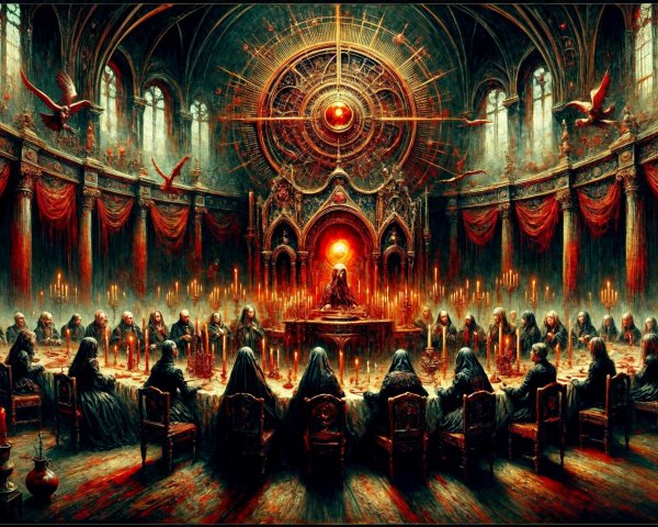 Gothic Hall with Hooded Figures and Candlelight