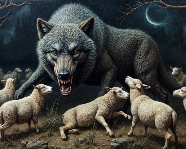 Wolf Threatens Sheep in Dark Forest Under Moonlight