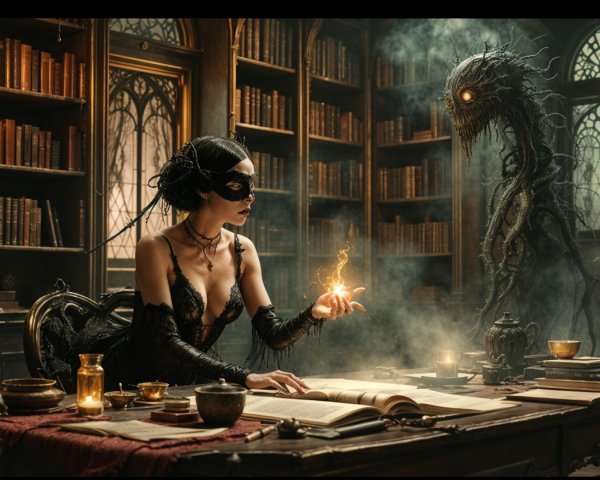Mysterious Woman and Creature in Enchanted Library