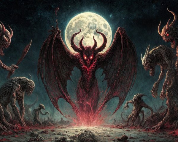 Monstrous Figure in Dark Eerie Landscape with Creatures