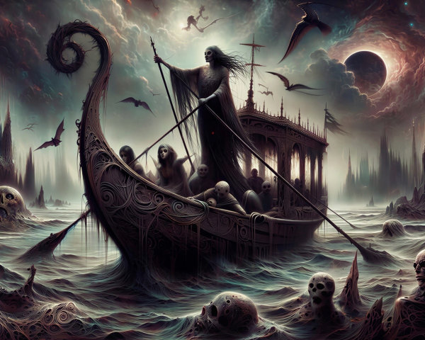 Dark Fantasy Scene with Cloaked Figure in Gothic Boat