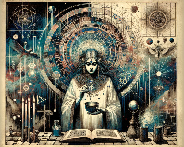 Mystical Alchemist with Geometric Patterns and Symbols