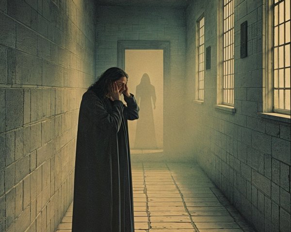 Cloaked Figure in Dim Corridor with Haunting Presence