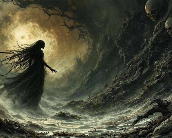 Melancholic Fantasy Art with Cloaked Figure and Skulls
