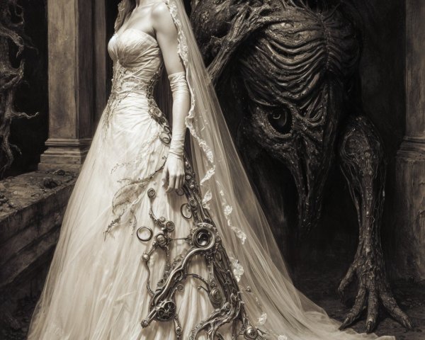 Bride in Tattered Gown with Monstrous Figure Behind