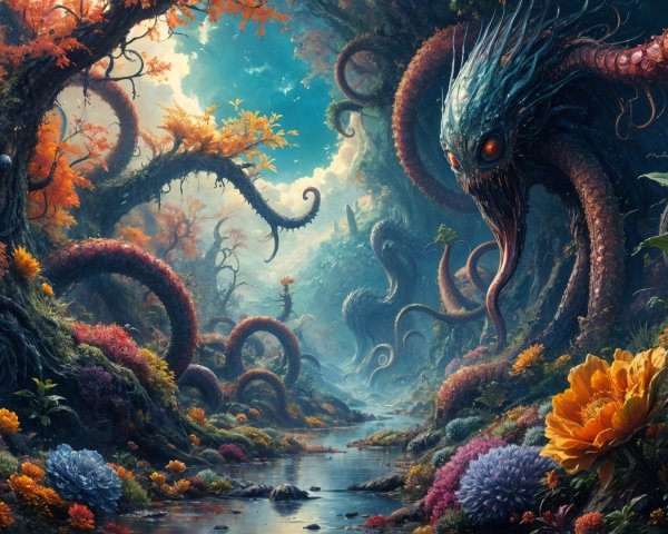 Surreal Landscape with Vibrant Flora and Tentacles
