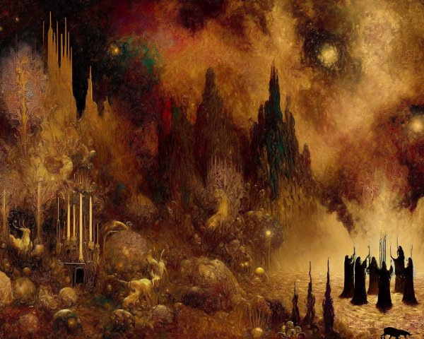 Surreal Dark Landscape with Golden Hues and Figures
