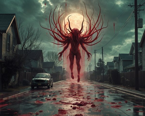 Eerie Street Scene with Grotesque Figure and Moonlight