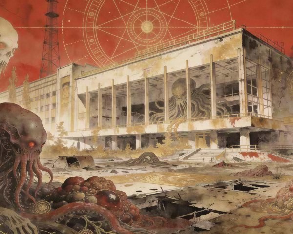 Horror Artwork of Abandoned Building with Cosmic Theme