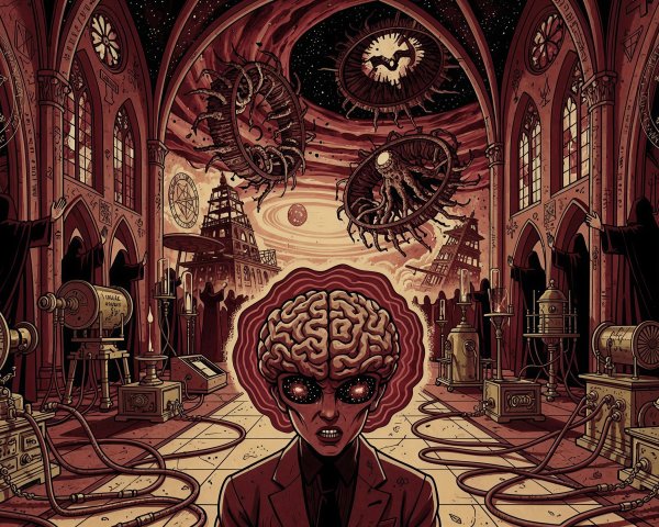 Eerie Steampunk Cathedral with Ritualistic Figures