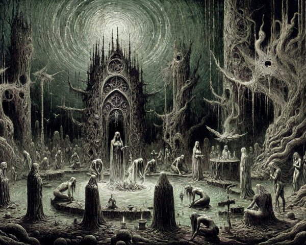 Eerie Landscape with Twisted Trees and Ghostly Figures