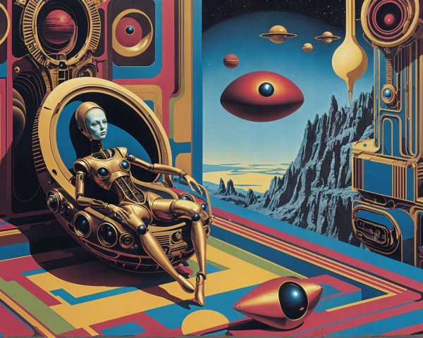 Futuristic Robot in Vibrant Geometric Chair Scene