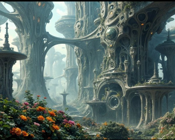 Surreal Cityscape with Lush Greenery and Light