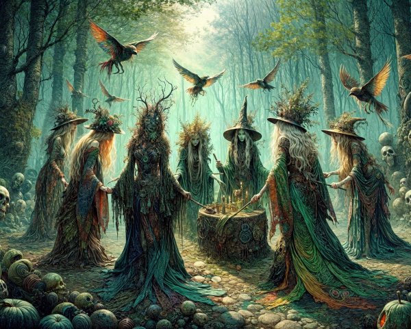 Witches Gather Around Cauldron in Mystical Forest