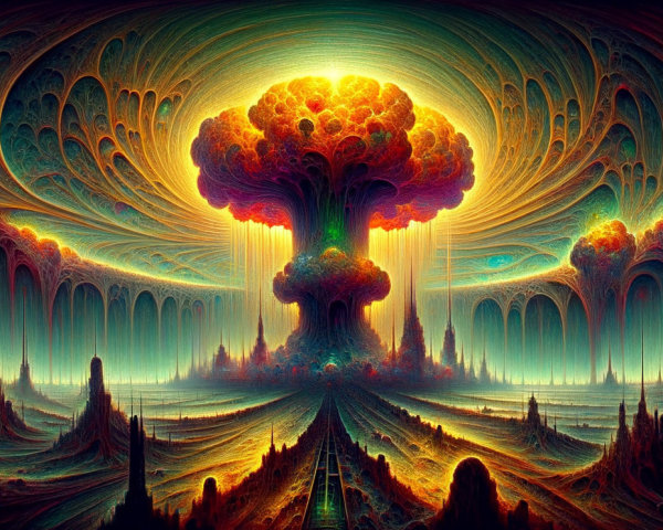 Surreal Vibrant Landscape with Cosmic Tree Elements