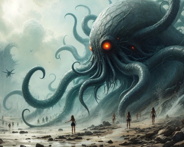 Colossal Tentacled Creature in Surreal Landscape