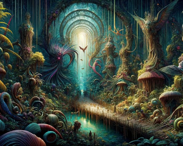 Surreal Landscape with Fantastical Plants and Creatures